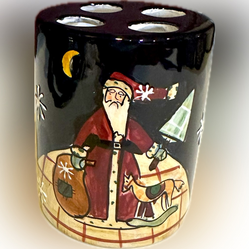 NEW VTG RARE CIC CERAMIC SANTA CLAUS TOOTHBRUSH HOLDER BLACK RED CERTIFIED INTER